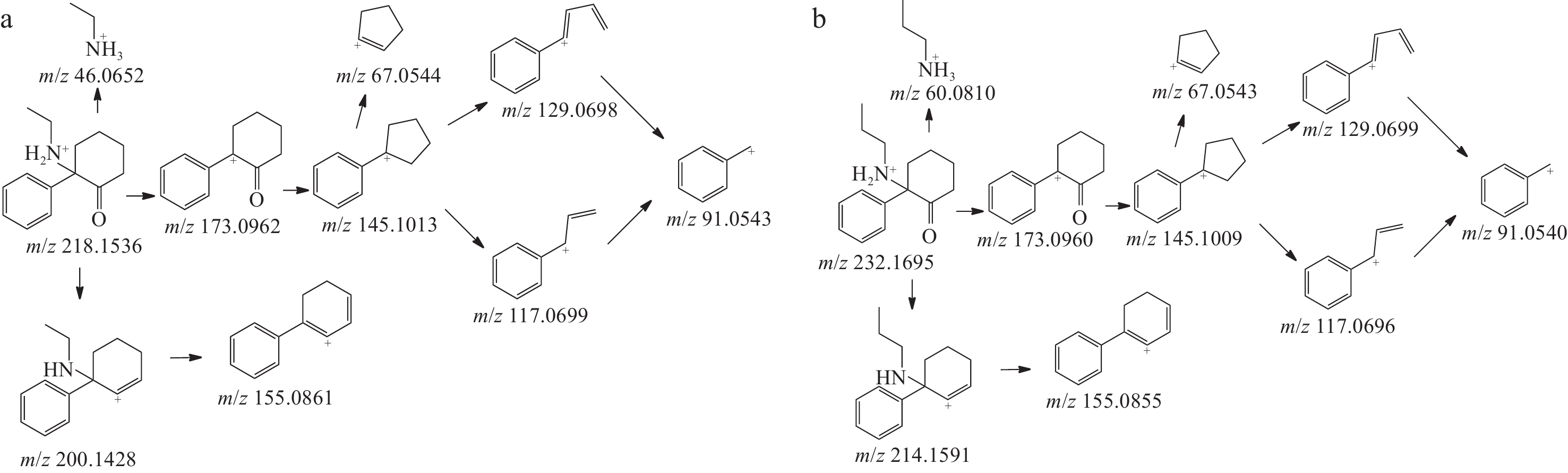 Mass spectra of unknown (a) and 2-oxo-PCE (b) by GC-MS